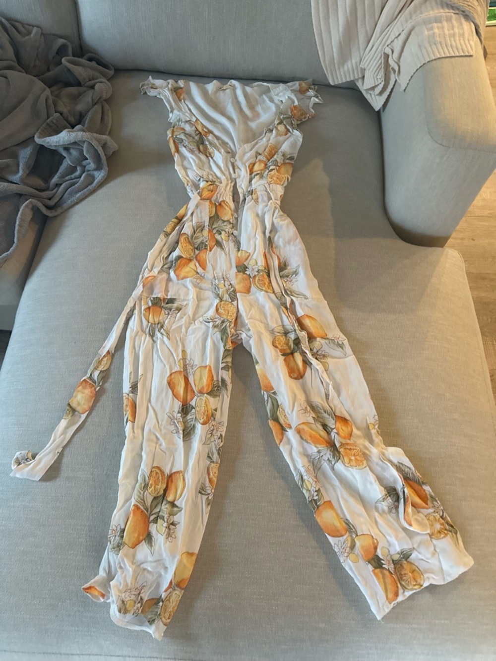 For Love & Lemons White Jumpsuit with Orange Floral Print